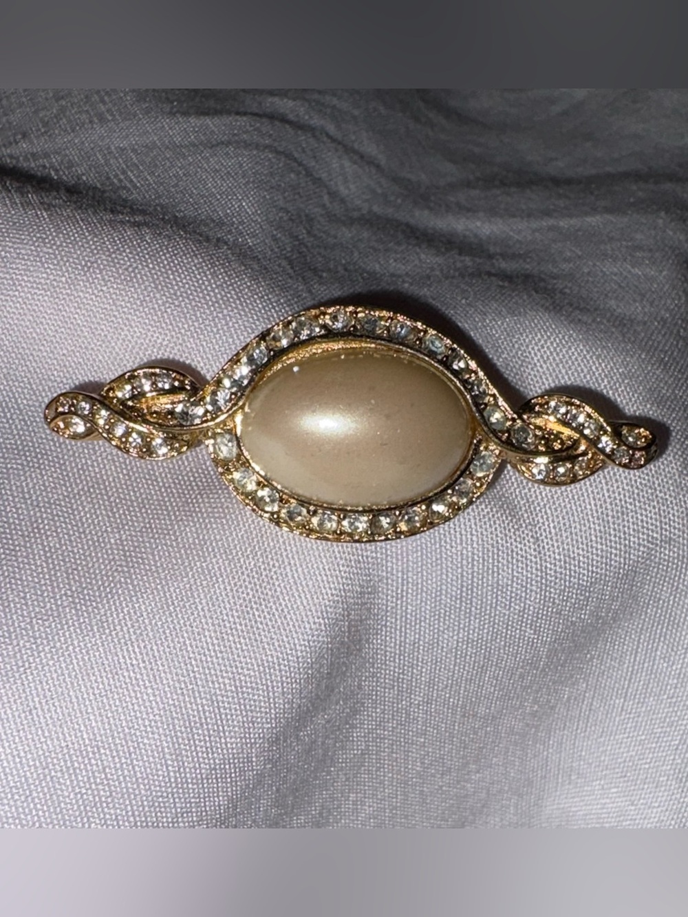 Vintage Givenchy Oval Faux Pearl Rhinestone Bar Brooch Signed Gold Tone Pin